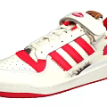 White And Red Sneakers With Velcro Strap Cork Tongue Red Stripes And House Graphic