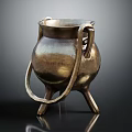 Vintage Decorative Metallic Household Container With Tripod Base And Double Handles