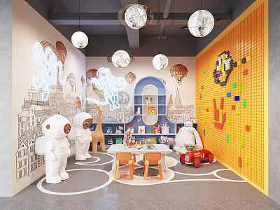 Vibrant Kindergarten Play Space With Colorful Wall Animal Toys Tables Chairs And Hanging Lights 3d model