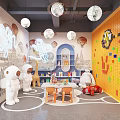 Vibrant Kindergarten Play Space With Colorful Wall Animal Toys Tables Chairs And Hanging Lights