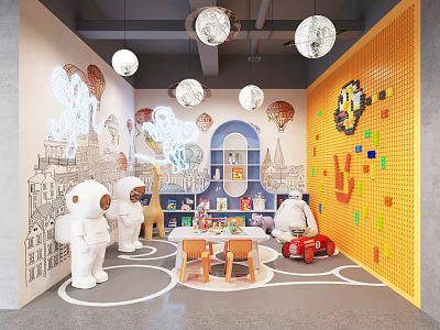 Vibrant Kindergarten Play Space With Colorful Wall Animal Toys Tables Chairs And Hanging Lights 3d model