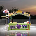 Colorful Street Food Stall With Green Yellow Exterior Striped Awning Balloons And Scooter
