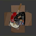 Household Supplies In Open Cardboard Box With Vinyl Records And Red Items