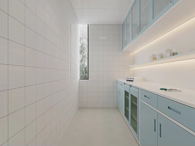 Minimalist Kitchen Interior With White Tile Walls Light Blue Cabinets White Countertop And Bright Window 3d model