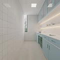 Minimalist Kitchen Interior With White Tile Walls Light Blue Cabinets White Countertop And Bright Window