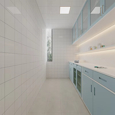 Minimalist Kitchen Interior With White Tile Walls Light Blue Cabinets White Countertop And Bright Window 3d model