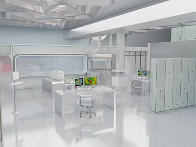 White Lab Interior With Workstations Computers And Modern Design Elements 3d model