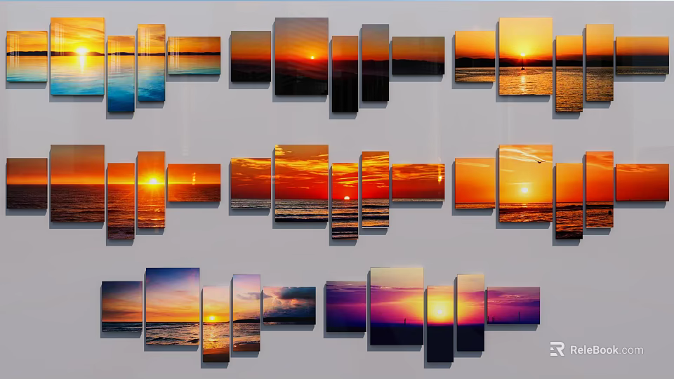Multi Panel Wall Art Featuring Sunset Sea View With Sun Waves And Sky 3d model 