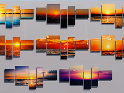 Multi Panel Wall Art Featuring Sunset Sea View With Sun Waves And Sky 3d model
