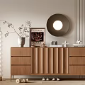 Modern Wooden Entryway Console Cabinet with Vase Magazine Decor Round Mirror and Floor Lamp