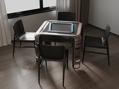 Modern Square Table With Screen And Four Black Chairs In Wooden Floor Room 3d model