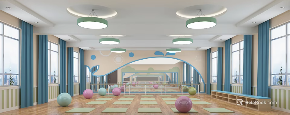Spacious Fitness Studio With Yoga Mats Exercise Balls Mirrors Ceiling Lights And Wooden Floors 3d model 