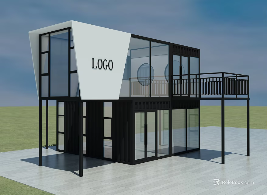 Modern Container Building Design With Glass Facade Balcony And Logo Space 3d model
