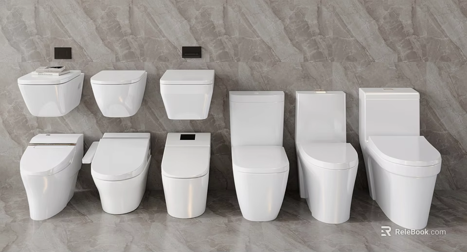 Modern White Ceramic Toilets In Various Styles Displayed For Bathroom Use 3d model