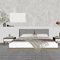 Modern Bedroom Interior With Double Bed Gray Wall Artwork Pendant Light And Bedside Tables