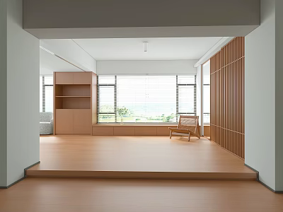 Modern Bright Spacious Home Balcony Design With Wooden Floor Bookshelf Storage Cabinet Chair And Blinds 3d model