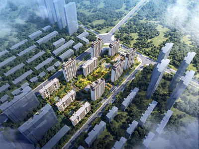 Aerial Planning Layout of Residential Complex with High Rise Buildings Green Belts and Road Networks 3d model