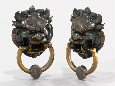 Traditional Chinese Style Door Knockers with Mythical Beast Head Design Brass Ring and Intricate Carvings 3d model