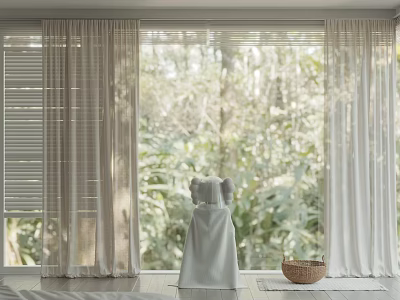 White Sheer Curtains In Modern Interior With Natural Light And Greenery Outside View 3d model