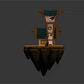 Floating Island House with Tower Green Roof Lit Windows and Orange Terrain