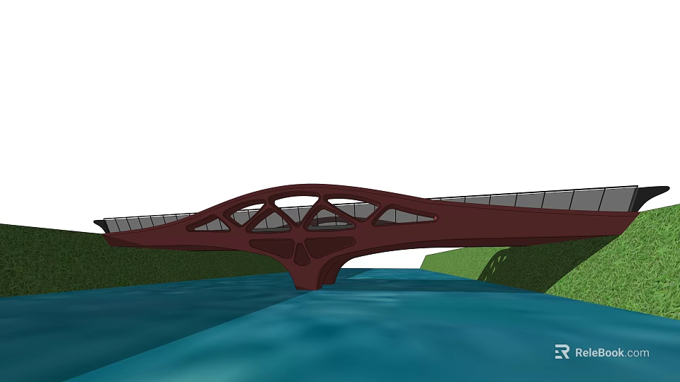 Modern Landscape Bridge With Brown Structure Over Blue Water And Green Grass Banks 3d model 
