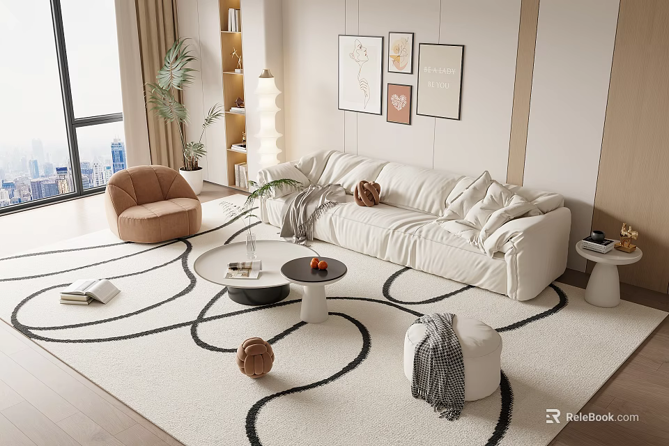 Modern Living Room Sofa Coffee Table Set With Plush Pillows Round Table Area Rug And Wall Art 3d model 