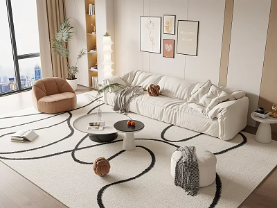 Modern Living Room Sofa Coffee Table Set With Plush Pillows Round Table Area Rug And Wall Art 3d model