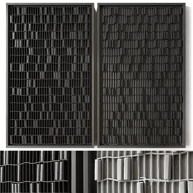 Modern Wall Decor Featuring Grid And Vertical Strip Patterns In Black Gray Tones 3d model 