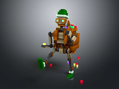 Pixel Style Character With Green Hat Goggles Brown Backpack And Colorful Scattered Blocks 3d model