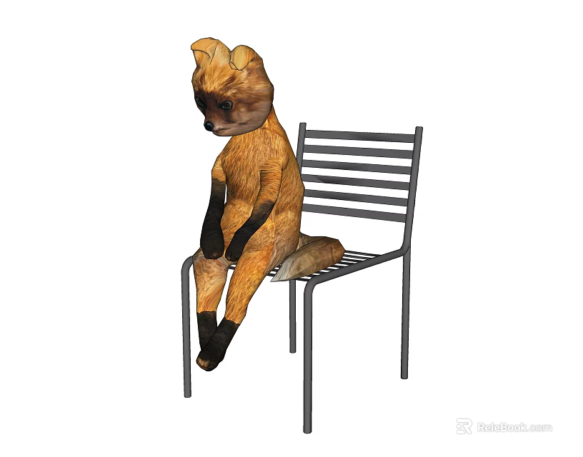 Cute Fox Shaped Stuffed Doll Sitting On Metal Striped Chair 3d model 