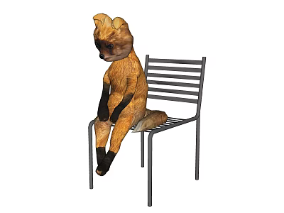 Cute Fox Shaped Stuffed Doll Sitting On Metal Striped Chair 3d model