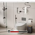 Modern Bathroom Interior With White Toilet Glass Shower Partition Tiled Walls And Toilet Paper Holder