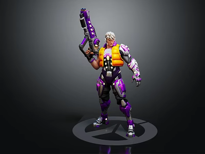 White Haired Character in Purple Orange Armor Holding Purple Black Gun Standing on Round Base 3d model