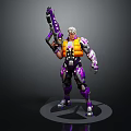 White Haired Character in Purple Orange Armor Holding Purple Black Gun Standing on Round Base