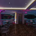 KTV Lounge With Neon Lights Large Mural Sofa Seating And Round Tables