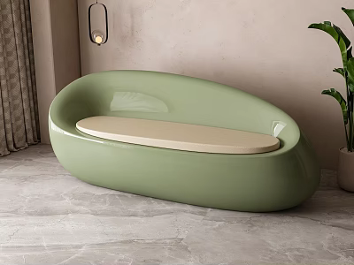 Light Green Irregular Shaped Sofa With Beige Cushion And Potted Plant On Gray Marble Floor 3d model