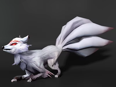 Game And Movie Character White Furred Mythical Fox With Red Eyes And Multiple Tails 3d model