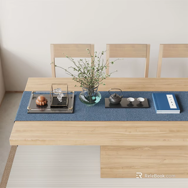 Elegant Tea Set on Wooden Table with Blue Runner Teapot Teacups Tray Vase and Book 3d model 