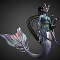 Blue Skinned Mythical Character With Butterfly Headdress Long Black Hair Body Patterns And Necklace 3d model