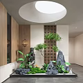 Serene Indoor Landscape With Wooden Decor Lattice Screen Rockery Green Plants And Lantern Light