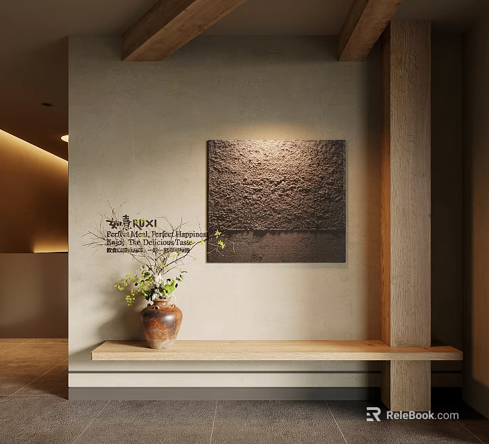 Minimalist Japanese Entranceway With Textured Wall Art Ceramic Jar Wooden Bench And Wood Beams 3d model 