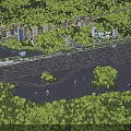 Aerial Planning of Riverfront Development With Lush Greenery Islands and Residential Buildings
