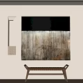Modern Abstract Wall Art Decor With Wooden Bench And Wall Sconce