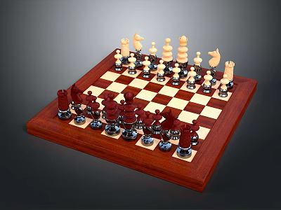 Wooden Chessboard Set with Black and White Pieces Arranged on Classic Checkerboard Surface 3d model