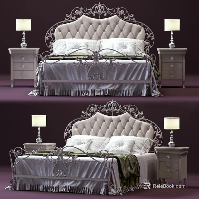 Stylish Double Bed With Tufted Upholstered Headboard Metal Frame And Nightstands With Lamps 3d model 