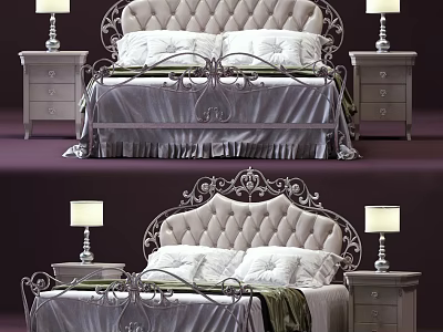 Stylish Double Bed With Tufted Upholstered Headboard Metal Frame And Nightstands With Lamps 3d model