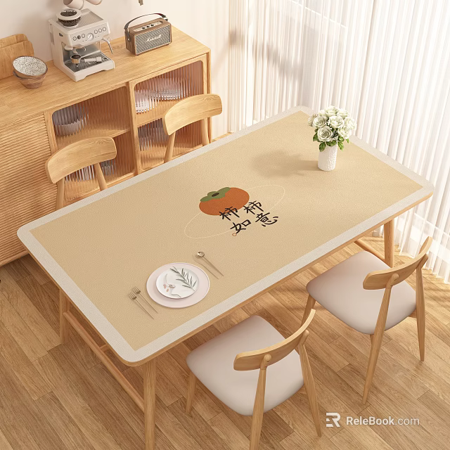 Wooden Dining Room Featuring Rectangular Table Persimmon Pattern Tablecloth Dining Chairs And White Flower Bouquet 3d model 