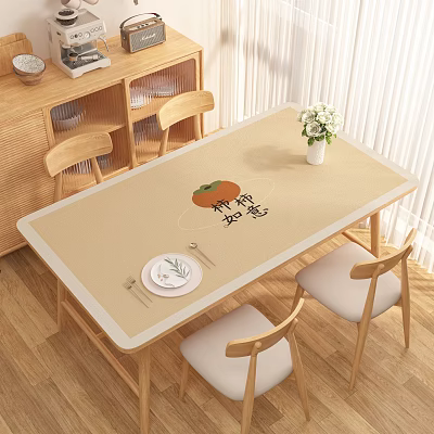 Wooden Dining Room Featuring Rectangular Table Persimmon Pattern Tablecloth Dining Chairs And White Flower Bouquet 3d model