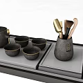 Black Ceramic Tea Set with Teapot Cups and Utensil Holder on Modern Tray