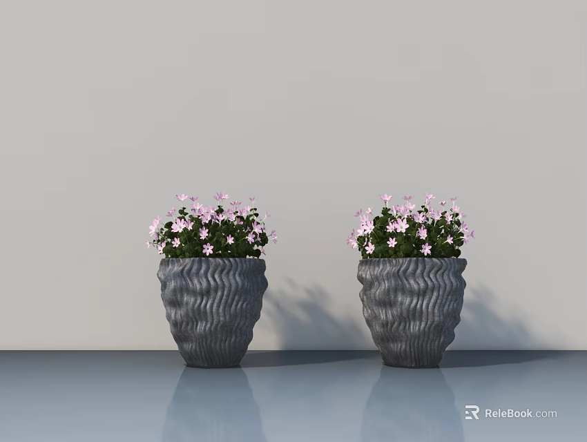 Two Gray Textured Potted Plants with Pink Flowers on Smooth Blue Tabletop against Light Wall 3d model 